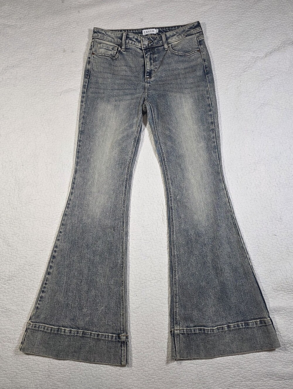 Cello Mid Rise Wide Hem Flare Jeans Washed Gray Denim